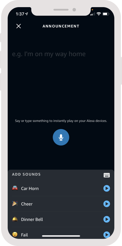 Interface of an announcement on the Alexa mobile app with a pulled up list of sound effects a user can add