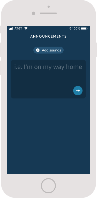 Alexa Announcement screen with a text prompt for users to type an announcement and a button to add sounds