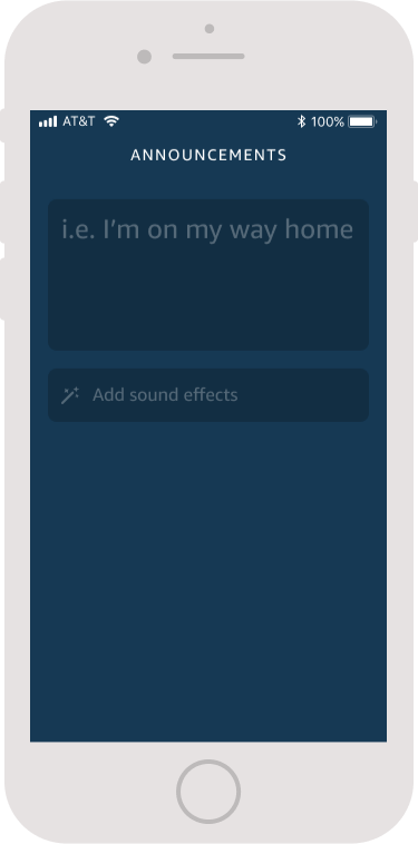 Alexa Announcement screen with a text prompt for users to type an announcement and a button to add sounds