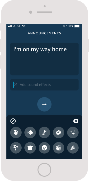 Alexa Announcement that reads 'I'm on my way home' and a list of sound effects to users to add to their announcement