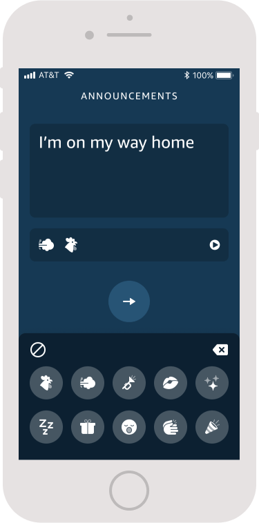 Alexa Announcement that reads 'I'm on my way home' with some sound effects typed out