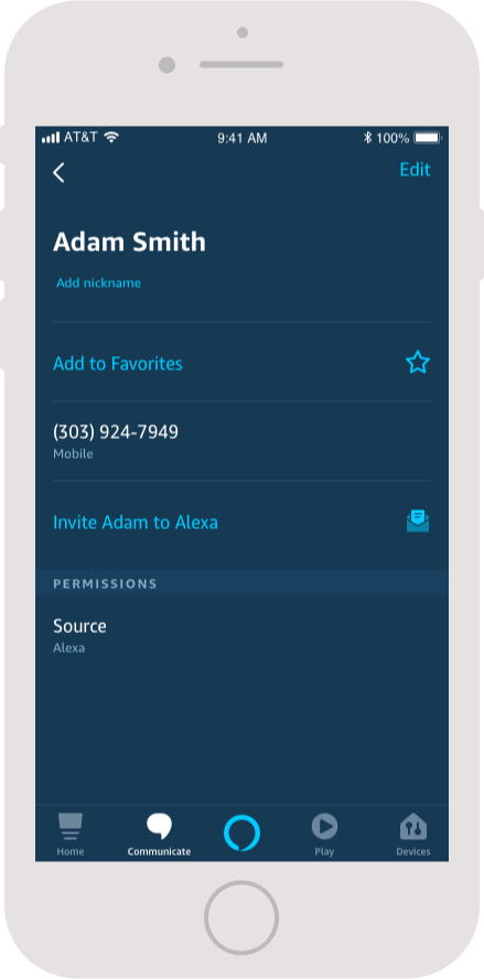 Mobile interface of a fictional contact named Adam Smith on the Alexa App. There is a button that reads 'Invite Adam to Alexa'