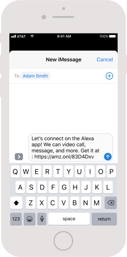 New iMessage with fictional contact Adam Smith. The text preview that hasn't been sent yet reads 'Let's connect on the Alexa app! We can video call, message, and more.' followed by a fake link to download the Alexa mobile app