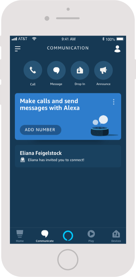 Interface of the Communications tab on the Alexa mobile app. There is an incoming invitation from a fictional contact Eliana Feigelstock