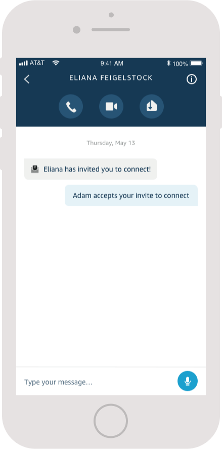 Mockup of a conversation thread in the Communications tab, The receiver's side says 'Eliana has invited you to connect!' and the sender's side says 'Adam accepts your invite to connect'