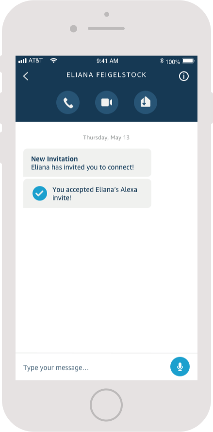Mockup of a conversation thread in the Communications tab, the receiver's end reads 'New invitation: Eliana has invited you to connect!' followed by another message 'You accepted Eliana's Alexa Invite!'