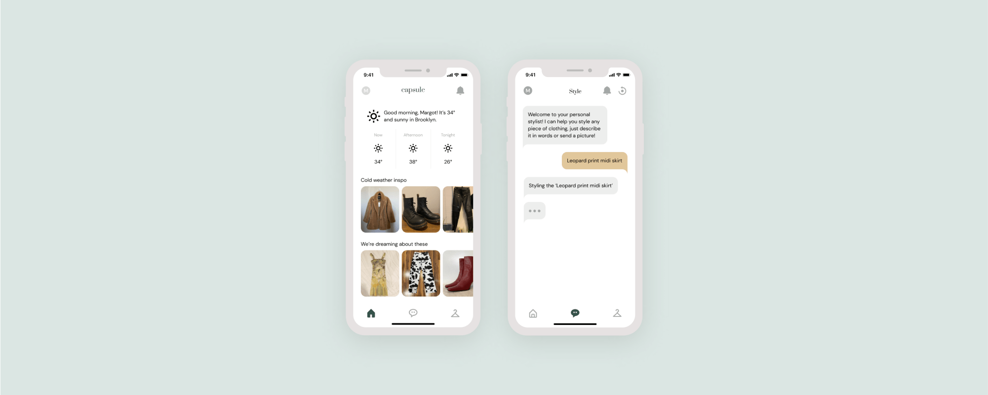 Two mobile app mockups, one shows the home page of a gallery of clothing and the other is a conversation between a user and an AI chatbot that helps users style clothes