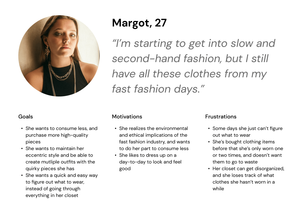 User persona for Margot, a 27-year-old fashion enthusiast