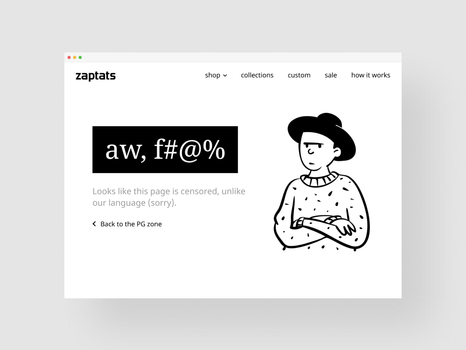 Web mockup of 404 error page for a temporary tattoo shop