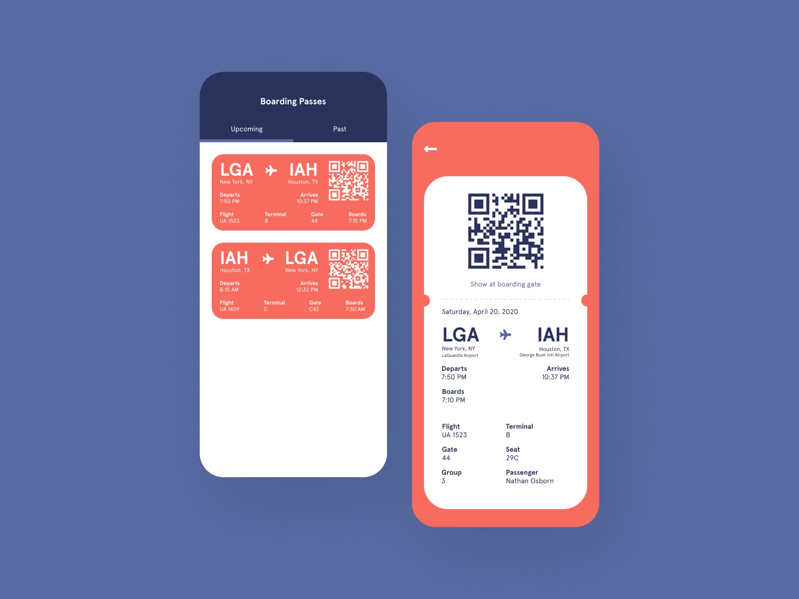 Two mobile mockups of a boarding pass