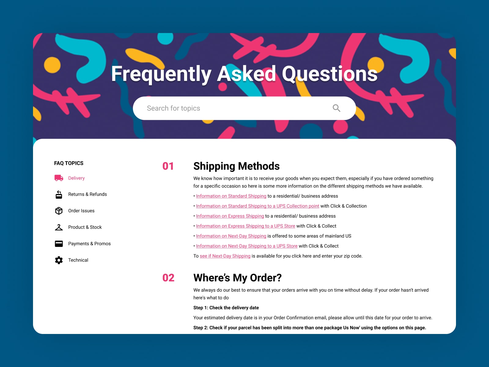 Web mockup of a clothing store's FAQ page