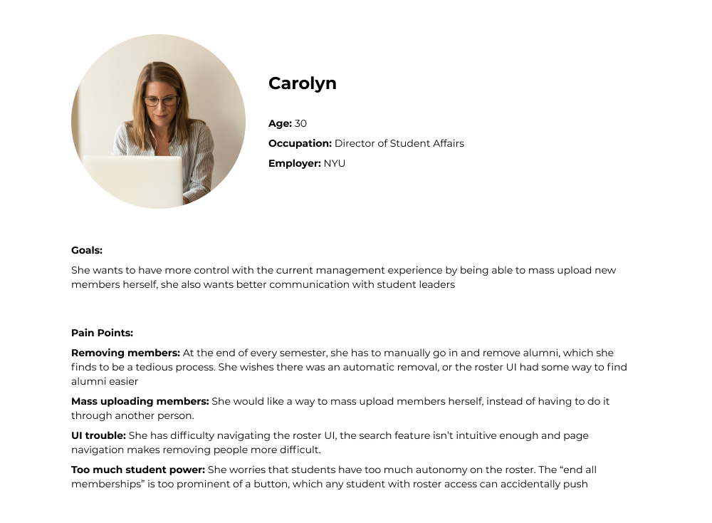 User persona for Carolyn, a 30-year-old NYU employee