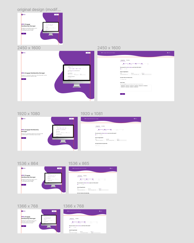 Screenshot of design file showing how the landing and manage roster page resizes with different screen dimensions