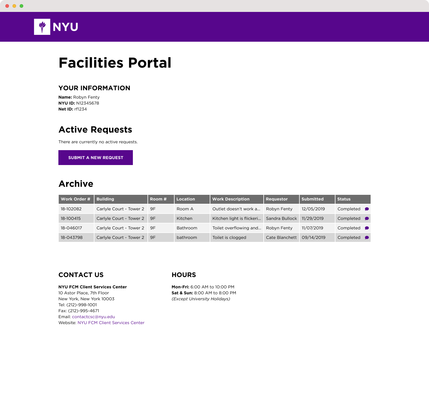 Web mockup of NYU Facilities Portal with no current active requests