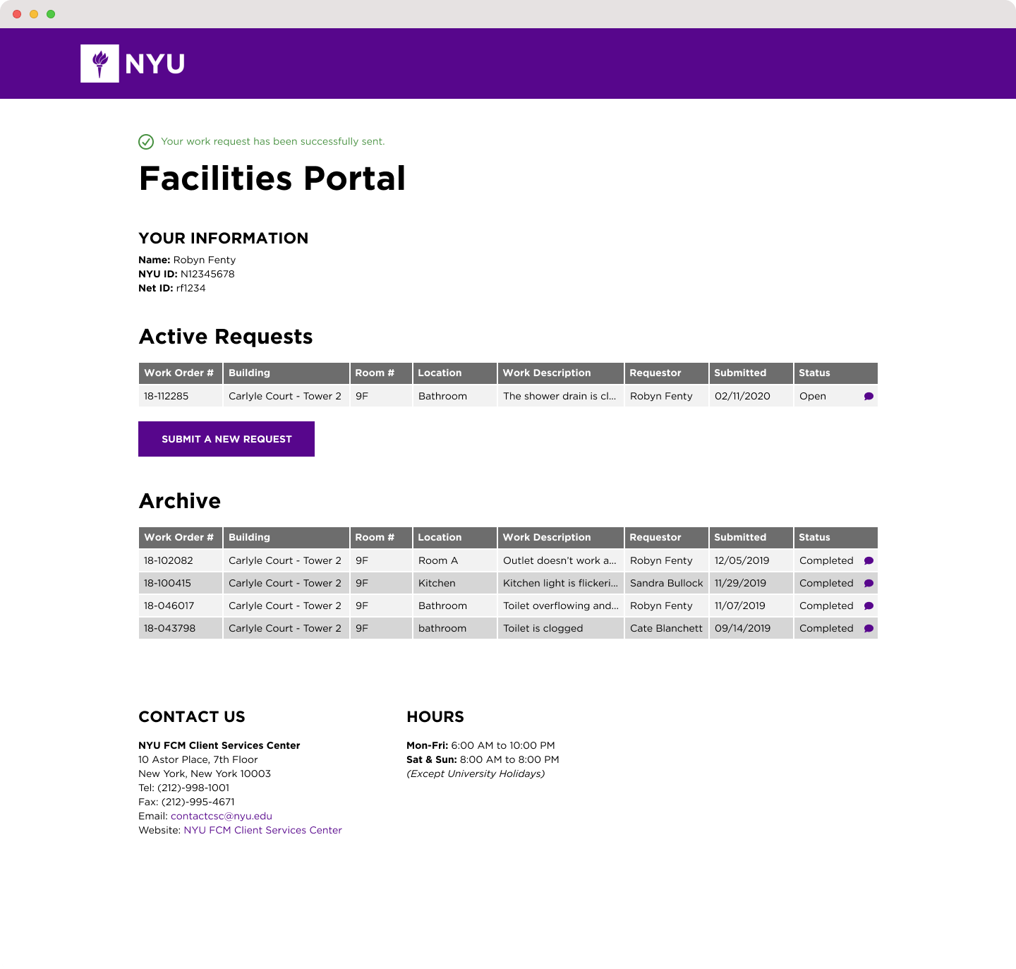 Web mockup of NYU Facilities Portal with an incomplete request