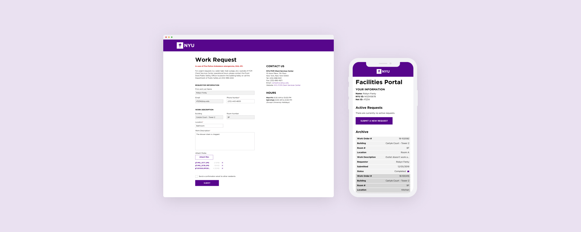 Web and mobile mockup of a form for NYU students to fill out if they have a maintenance issue in their dormitory