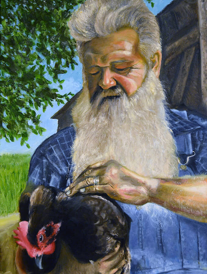 Painting of an old farmer holding a chicken