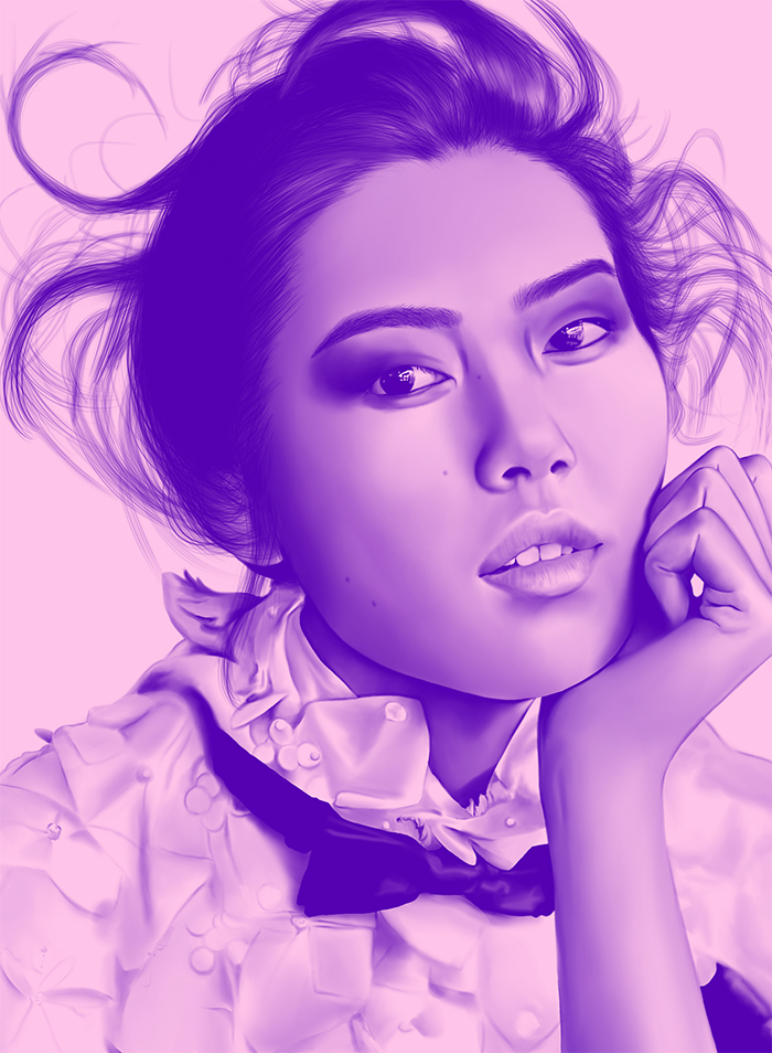 Portrait of model Liu Wen in purple and pink