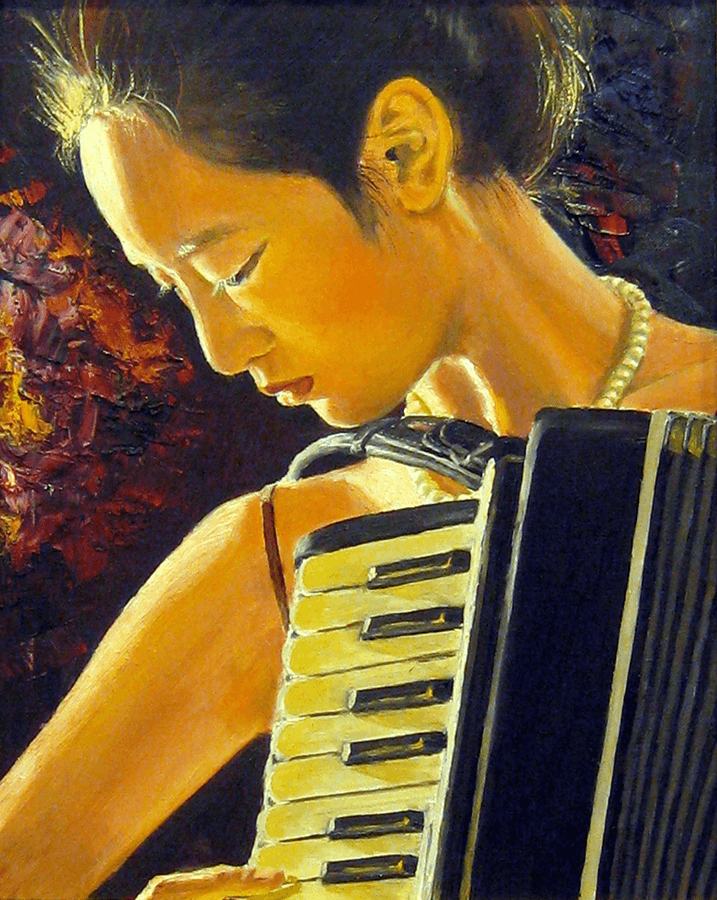 Self portrait of a girl holding an accordion