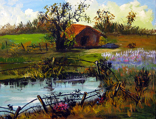 Landscape painting of a barn behind a fenced pond