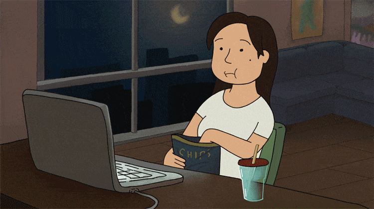 Cartoon animation of a girl on her computer pulling an all-nighter