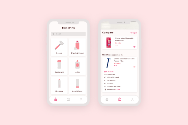 Two mobile mockups, one is the landing screen of ThinkPink with a grid of personal hygiene products to browse through, and the other is a comparison of a razor with a cheaper alternative