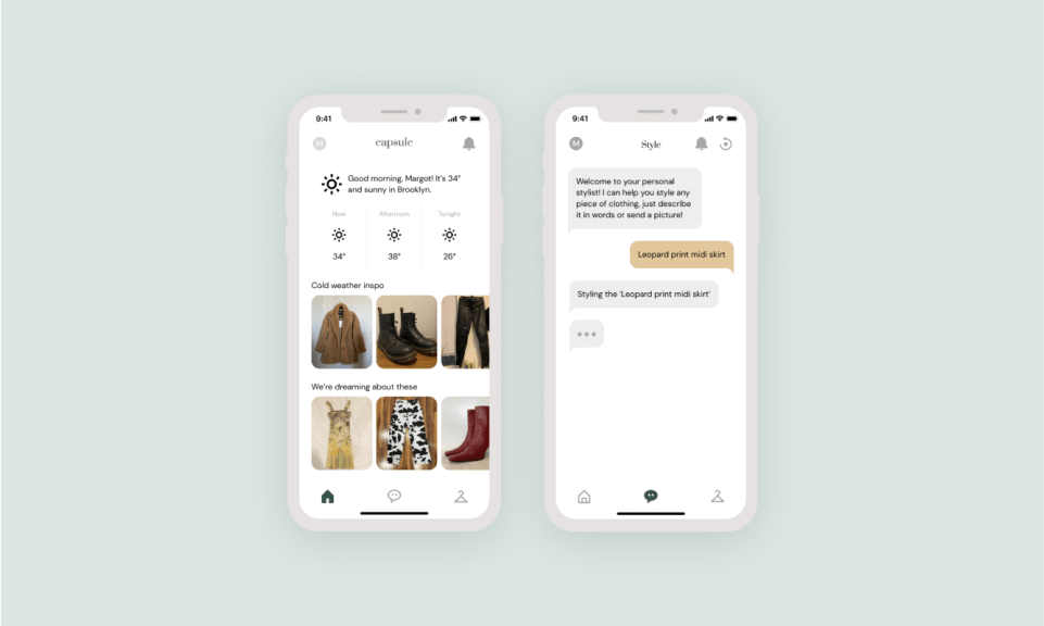 Two mobile app mockups, one shows the home page of a gallery of clothing and the other is a conversation between a user and an AI chatbot that helps users style clothes