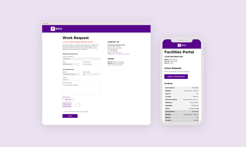 Web and mobile mockup of a form for NYU students to fill out if they have a maintenance issue in their dormitory