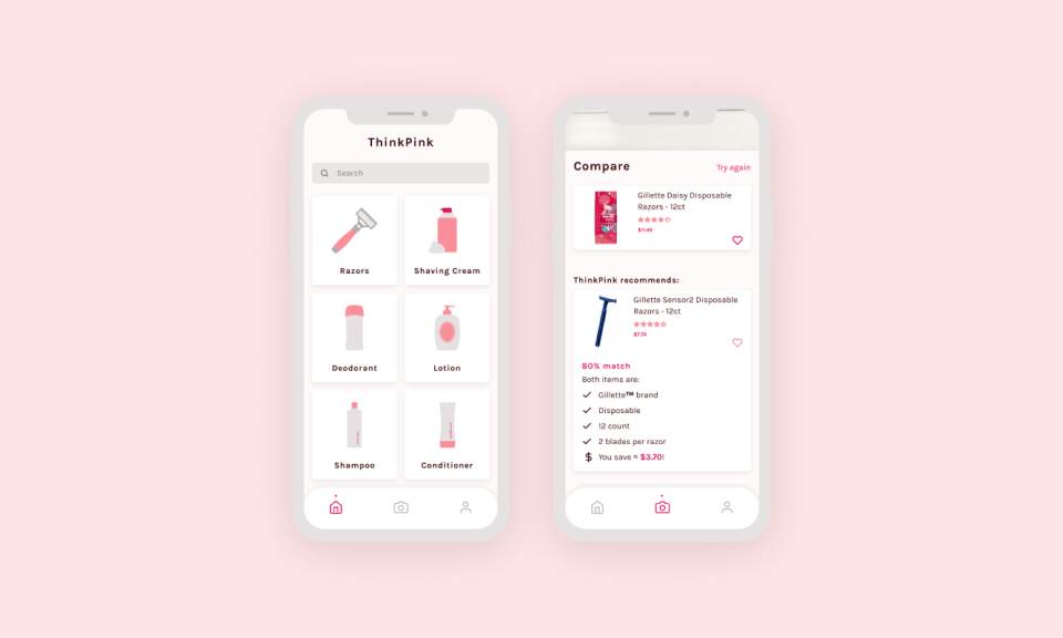 Two mobile mockups, one is the landing screen of ThinkPink with a grid of personal hygiene products to browse through, and the other is a comparison of a razor with a cheaper alternative