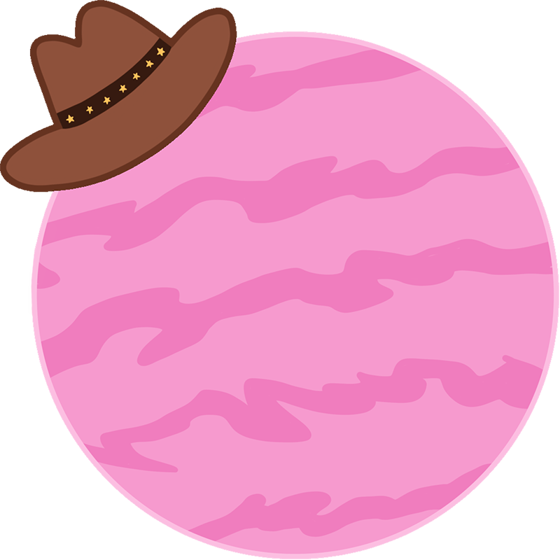 Pink planet wearing a cowboy hat